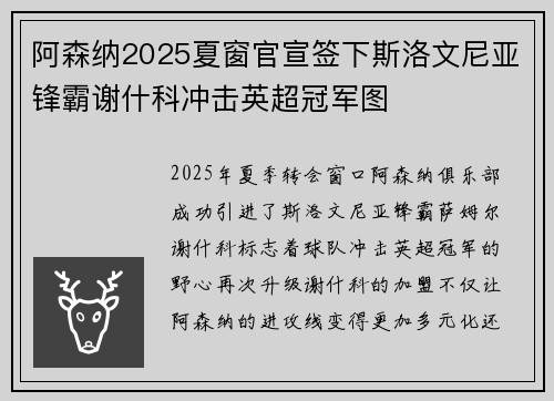 阿森纳2025夏窗官宣签下斯洛文尼亚锋霸谢什科冲击英超冠军图